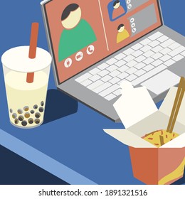 Cropped image of laptop and computer on the table with food, drink and dessert during work from home.