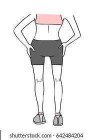 Cropped image of rear view of sporty woman standing with arms akimbo. Vector illustration with hand-drawn style.