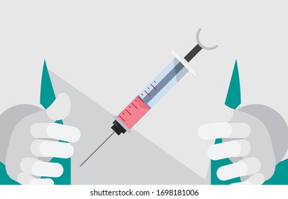 Cropped image of syringe with medicine between doctor's hands while he wearing the gown.