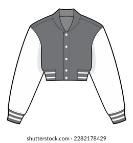 Cropped jacket fashion technical drawing template. bomber jacket Illustration. front and back view, Black and white color, CAD mockup.