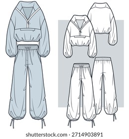 Cropped Jacket and Jogger Pants Set Technical Flat Illustration. Tracksuit fashion flat technical drawing template, front and back view, white, blue, women, men, unisex Activewear CAD mockup.