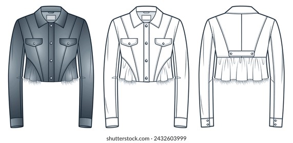 Cropped Jacket technical fashion Illustration. Denim Jacket fashion flat technical drawing template, button closure, pocket, ruffled, raw hem, front, back view, white, grey, women CAD mockup set.