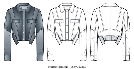 Cropped Jacket technical fashion Illustration. Denim Jacket fashion flat technical drawing template, buttons, pockets, front and back view, white, grey, women, men, unisex CAD mockup set.