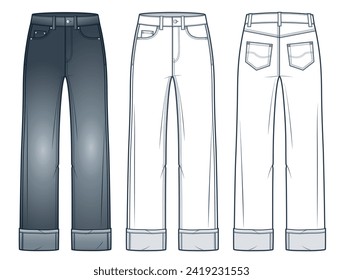 Cropped Jeans Pants technical fashion illustration. Cuff Denim Pants fashion flat technical drawing template, hight waist, straight, front and back view, white, grey, women, men, unisex CAD mockup set