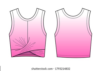 Cropped knotted tie dye jersey tank top. Activewear fashion design. Flat sketches technical drawings Illustrator vector template.