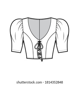 Cropped lace-up top technical fashion illustration with short sleeves, puffed shoulders, fitted body. Flat apparel shirt template front white color. Women men, unisex blouse CAD mockup