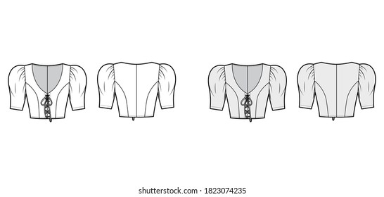 Cropped lace-up top technical fashion illustration with short sleeves, puffed shoulders, fitted body. Flat apparel shirt template front back white, grey color. Women men, unisex blouse CAD mockup