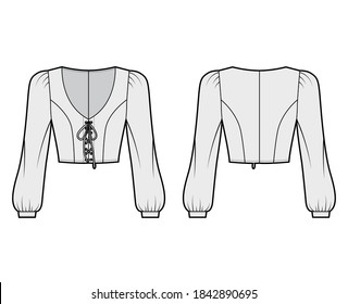Cropped lace-up top technical fashion illustration with long bishop sleeves, puffed shoulders, fitted body. Flat apparel shirt template front back, grey color. Women men, unisex blouse CAD mockup