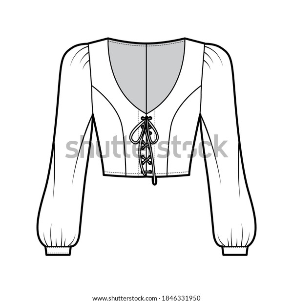 Cropped lace-up top technical fashion illustration\
with long bishop sleeves, puffed shoulders, fitted body. Flat\
apparel shirt template front white color. Women men, unisex blouse\
CAD mockup