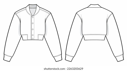 Cropped ladies Bomber Jacket fashion technical drawing template. Jacket Illustration. front and back view, white color, women, mockup.