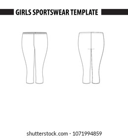 Girls’ / wemens’ cropped leggings. Vector template, mockup for sample demonstration. Kids sports cropped leggings for fitness, gymnastics, acrobatics, dance. Vector illustration in outlines.