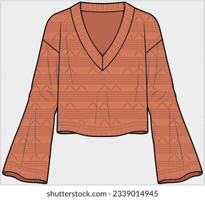 CROPPED LENGTH PATTERNED V NECK CARDIGAN WITH DROP SHOULDER AND FLARED LONG SLEEVES DESIGN FOR WOMEN AND GIRLS IN EDITABLE VECTOR FILE