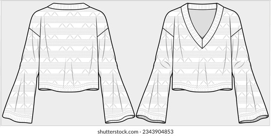 CROPPED LENGTH PATTERNED V NECK CARDIGAN WITH DROP SHOULDER AND FLARED LONG SLEEVES DESIGN FOR WOMEN AND GIRLS IN EDITABLE VECTOR FILE