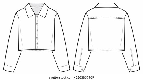 Cropped Long Sleeve Shirt fashion technical drawing template. Long Sleeve Illustration. front and back view, white color, women, mockup.