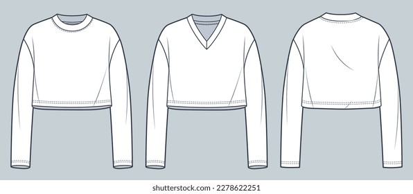 Ilustración de moda técnica de la camiseta de manga larga recortada. Unisex Sweatshirt moda planas de dibujo técnico, cuello de la tripulación, cuello v, vista frontal y posterior, blanco, mujeres, hombres, conjunto de simulación CAD unisex.