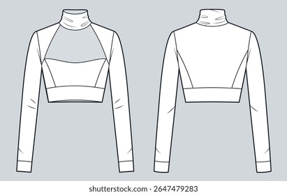 Cropped Long Sleeve Top with Turtleneck and Cutout Front Technical Fashion Illustration. Fitted Top fashion flat technical drawing template, front and back view, white, women CAD mockup.