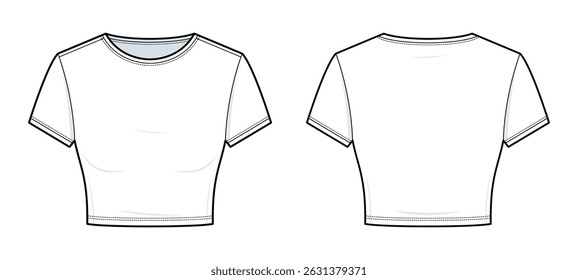 Women’s Cropped Lounge T-Shirt Technical Fashion Illustration. Short Sleeve Crew Neck Tee Vector Template. Front and Back View. Minimalist Loungewear. CAD Mockup.