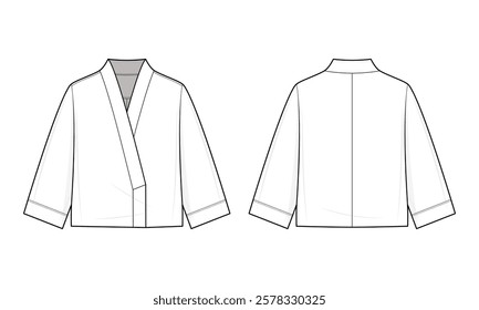 Cropped Loungewear Kimono Technical Fashion Illustration. Kimono Jacket Vector Template. Front and Back View. Relaxed Fit. Women’s Wear. CAD Mockup Set.