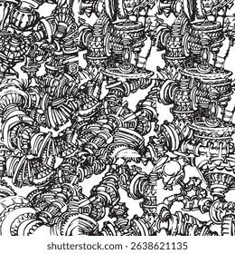 Cropped machinery details in 3x3 patchwork pattern creating convoluted industrial image