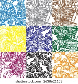 Cropped machinery details in 3x3 patchwork pattern with base colors