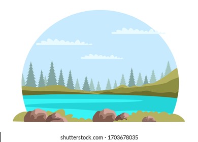 Cropped natural landscape on white background. Rounded panoramic scene. Cloudy sky, mountain, green meadow on river band, ground with stone. Stream valley. Wild nature. Land tranquility