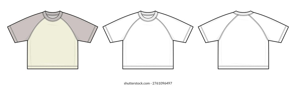 Cropped Oversized Boxy Raglan Sleeve T-Shirt Technical Fashion Illustration. Short Sleeve Crew Neck Tee Vector Template. Front and Back View. Casual CAD Mockup