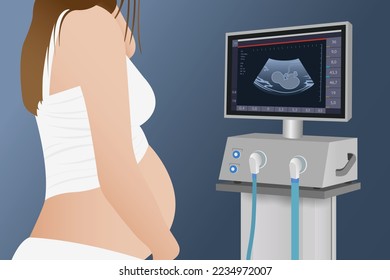 A cropped photo of a pregnant woman after an ultrasound, looks at the gender of the future baby on the monitor of the device