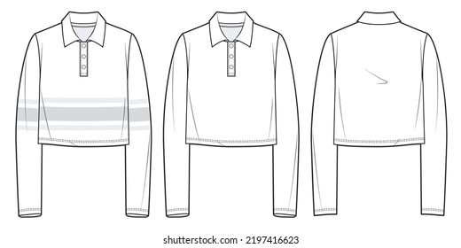 Cropped Polo Shirt technical  fashion Illustration. Polo Shirt fashion technical sketch template, long sleeve, oversize, polo collar, front and back view, white, women, men, unisex CAD mockup.