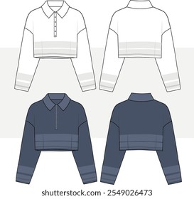 Cropped Polo Shirt technical fashion illustration. Long Sleeve Shirt fashion technical drawing template, front back view.