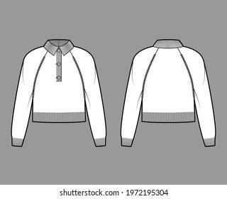 Cropped Polo Sweater technical fashion illustration with rib henley neck, classic collar, long raglan sleeves, relax fit, knit trim. Flat garment apparel front, back, white color style. Women, men CAD