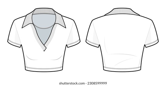 Cropped Polo tee flat technical fashion illustration. Polo shirt fashion flat technical drawing template, front view, back view, white color, women, CAD mockup