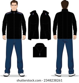 Cropped puffer winter down coat. Women oversized quilting jacket. Vector technical sketch. Mockup template.