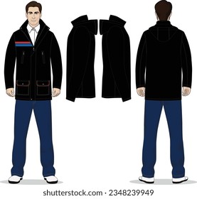 Cropped puffer winter down coat. Women oversized quilting jacket. Vector technical sketch. Mockup template people