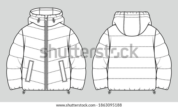 Cropped puffer winter\
down coat. Women oversized quilting jacket. Vector technical\
sketch. Mockup\
template.