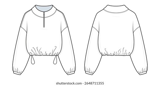 Cropped Pullover Sweatshirt Technical Fashion Illustration. Elastic Hem Long-Sleeve Top with Quarter-Zip Detail Vector Template. Front and Back View. unisex Loungewear. CAD Mockup set.