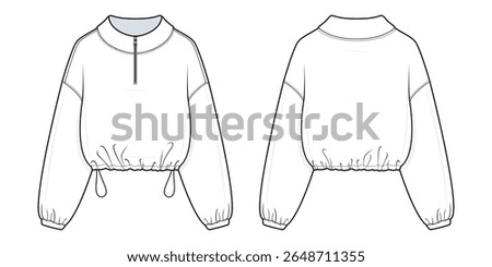Cropped Pullover Sweatshirt Technical Fashion Illustration. Elastic Hem Long-Sleeve Top with Quarter-Zip Detail Vector Template. Front and Back View. unisex Loungewear. CAD Mockup set.