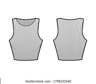 Ilustración técnica de la moda del tanque de algodón-camiseta cortada con cinta adhesiva, longitud de la cintura, cordón de la tripulación. Plantilla de ropa de vestir de ropa de vestir plana frontal, color gris de espalda. Mujeres, hombres unisex camisa cuchillo CAD