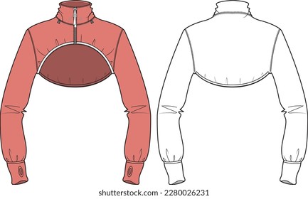 Cropped shell jacket front and back part flat sketch technical drawing vector illustration template