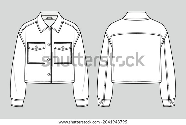 Cropped shirt jacket. Fashion sketch. Flat\
technical drawing. Vector\
illustration.