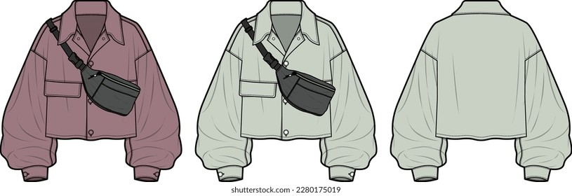 JACKET CROPPED SHIRT pantalla plana delantera y trasera modelo de ilustración de vector de dibujo técnico