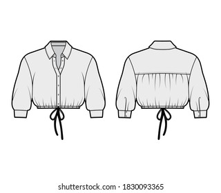 Cropped shirt technical fashion illustration with basic collar, elbow sleeves, drawstring hem, front button-fastening. Flat blouse template front, back, grey color. Women men unisex top CAD mockup