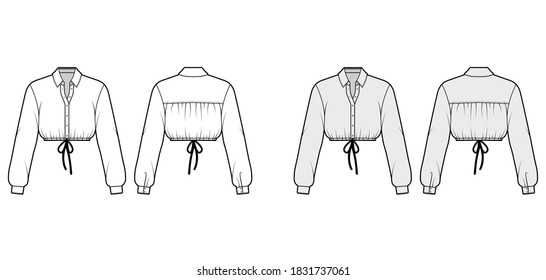 Cropped shirt technical fashion illustration with basic collar, long sleeves, drawstring hem, front button-fastening. Flat blouse template front back white, grey color. Women men unisex top CAD mockup