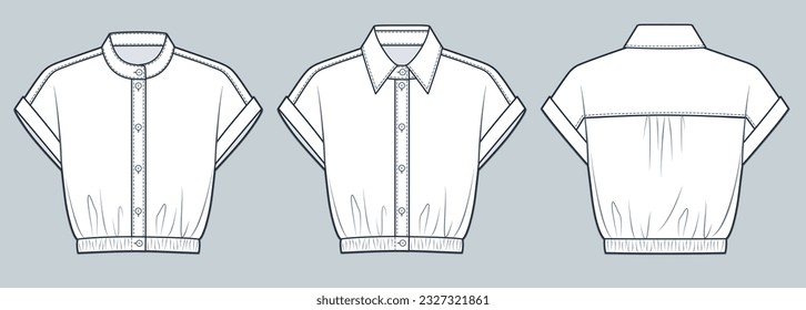 Moda técnica de camiseta recortada Ilustración. Camisa de manga corta, plantilla de dibujo técnico plano de moda blusa, botón, banda de cintura elástica, frontal, retrovisor, blanco, mujeres, hombres, conjunto de maqueta CAD unisex 