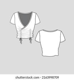 Cropped Shring top knotted  elastic Gathering detail knot tie short sleeve tie up Crop t shirt blouse top fashion flat sketch technical drawing template design vector