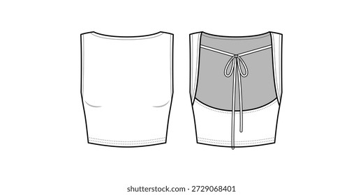 Cortado Slim Fit Boat Neck, Back Tie, Backless, sem mangas tanque Top- Frente e Back View- Ilustração de vetor plana- mangas de topo do tanque CAD Vetor Mock up