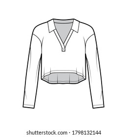 Cropped stretch-cotton top technical fashion illustration with long sleeves, collar outlining the V-neckline. Flat outwear shirt apparel template front, white color. Women, men, unisex CAD mockup