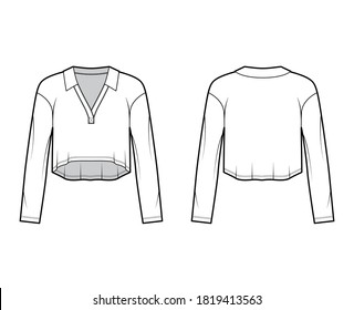 Cropped stretch-cotton top technical fashion illustration with long sleeves, collar outlining the V-neckline. Flat outwear shirt apparel template front, back white color. Women, men, unisex CAD mockup