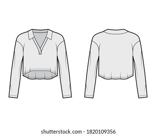 Cropped stretch-cotton top technical fashion illustration with long sleeves, collar outlining the V-neckline. Flat outwear shirt apparel template front, back, grey color. Women, men, unisex CAD mockup