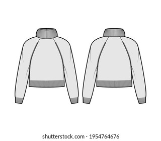 Croppe Sweater Exaggerated Turtleneck technische Mode Illustration mit langen Ragglan-Ärmeln, entspannen fit, Taille, Stricktrimm. Flache Bekleidung vorne, hinten, graue Farbe. Frauen, Männer ohne Ex-CAD-Modell