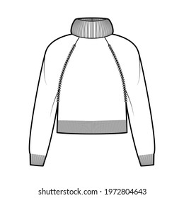 Cropped Sweater Exaggerated Turtleneck technical fashion illustration with long raglan sleeves, relax fit, waist length, knit rib trim. Flat apparel front, white color. Women, men unisex CAD mockup